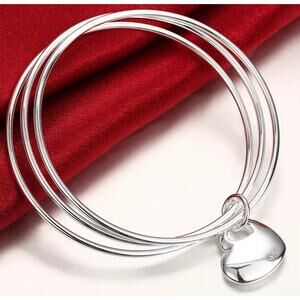 925 Sterling Silver Bracelets  three circles hanging heart bangle fit 6-8 inches